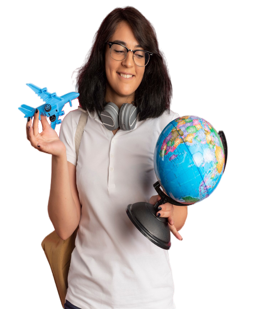 young pleased pretty caucasian schoolgirl with headphones neck wearing glasses back bag holds toy plane globe pink with copy space 2 1